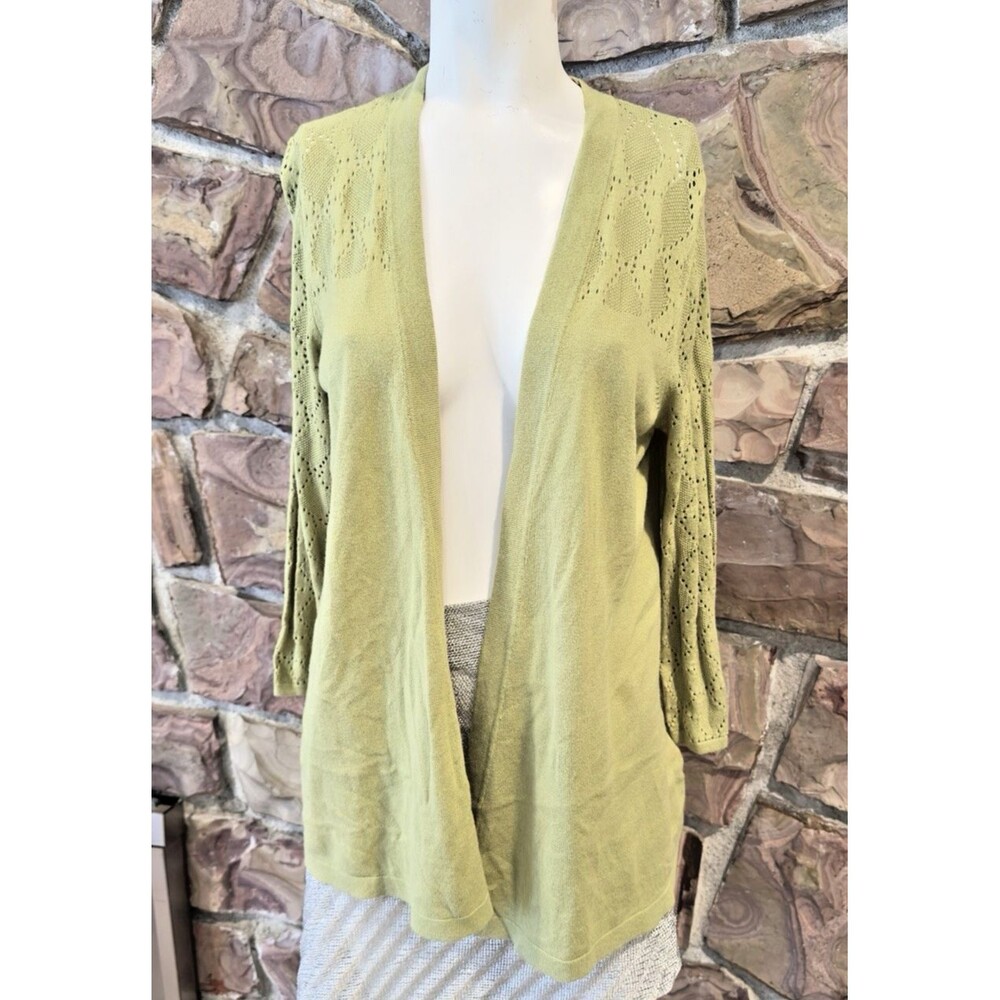August Silk Size M  Pistachio Sweater Cardigan criss cross back cottage casual - Picture 3 of 11